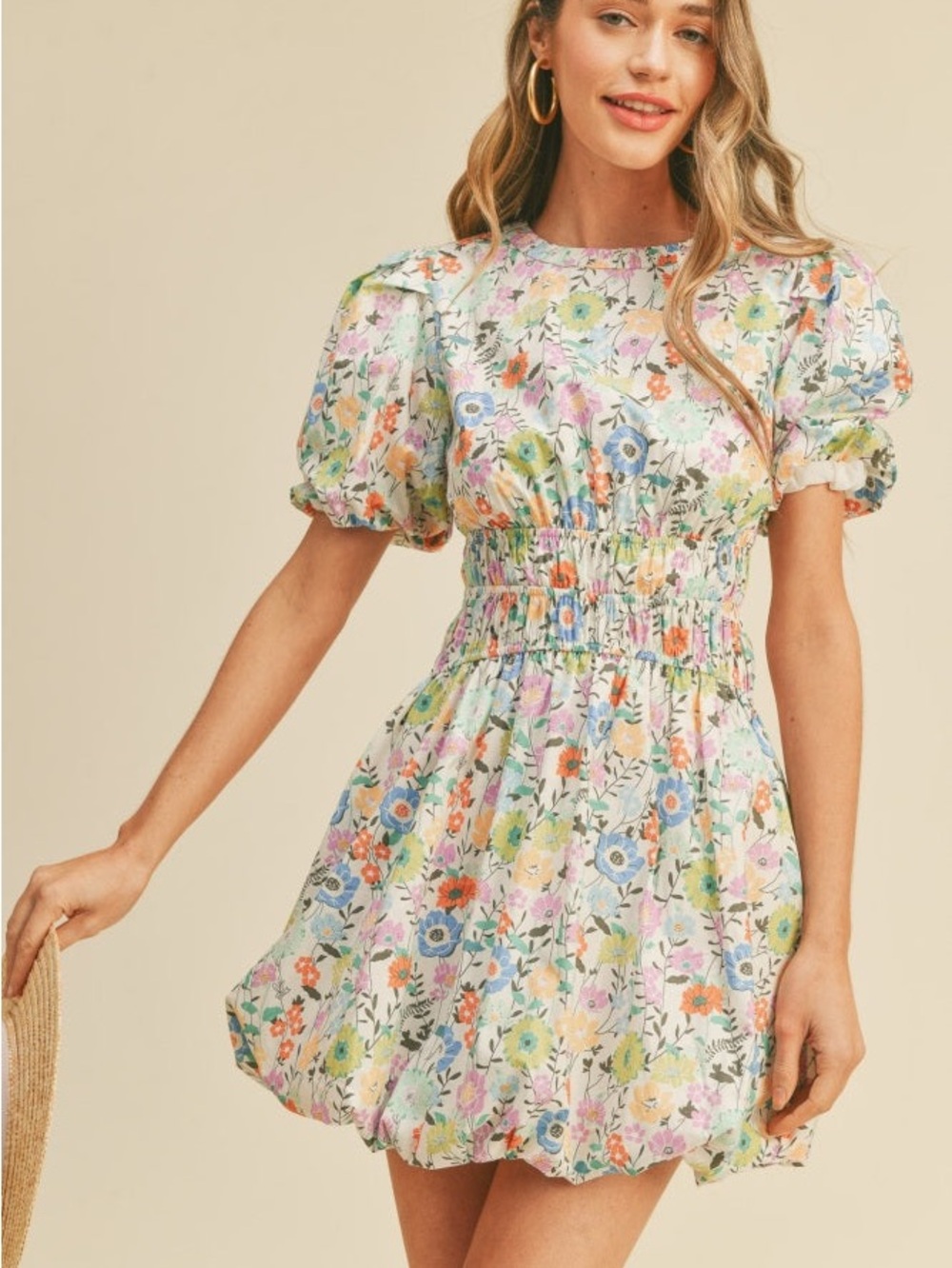 Ivory Multi Floral Floral Print Bubble Hem Mini Dress